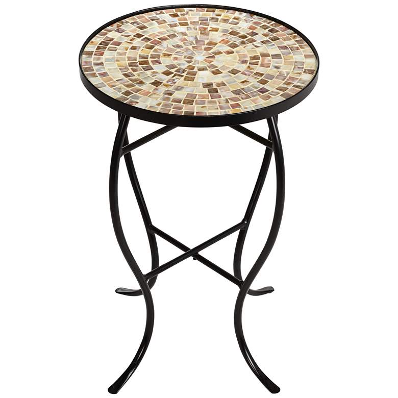 Image 4 Mother of Pearl Mosaic Black Iron Outdoor Accent Tables Set of 2 more views