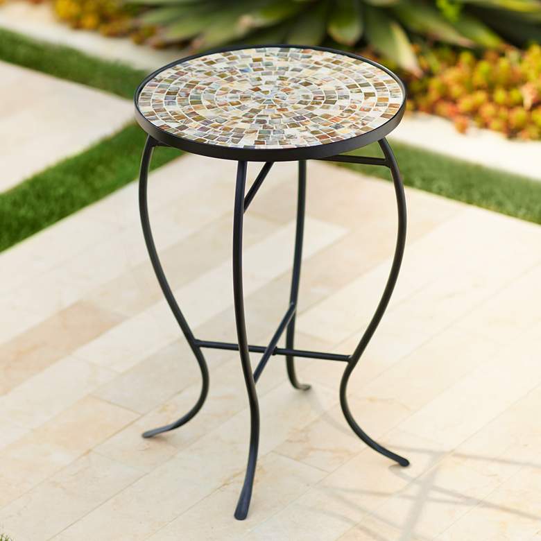 Image 7 Mother of Pearl Mosaic Black Iron Outdoor Accent Tables Set of 2 more views