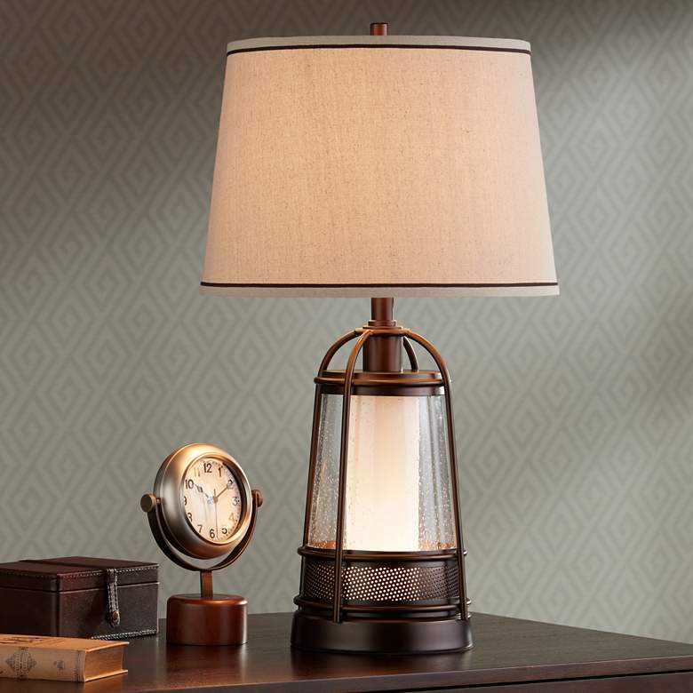 Hugh Bronze Lantern Night Light Table Lamp with Table Top Dimmer