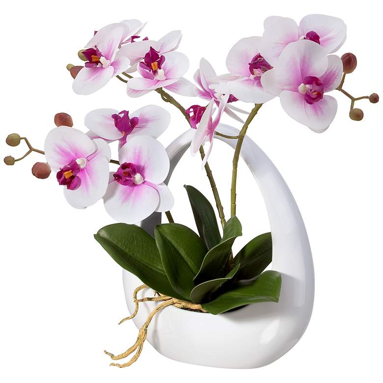 Pink White Phalaenopsis Orchids 13&quot; Faux Floral in White Pot more views
