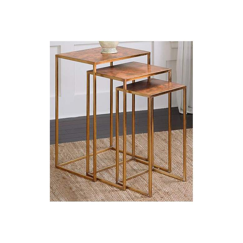 Image 2 Copres 18" Wide Gold Leaf Iron 3-Piece Nesting Table Set more views