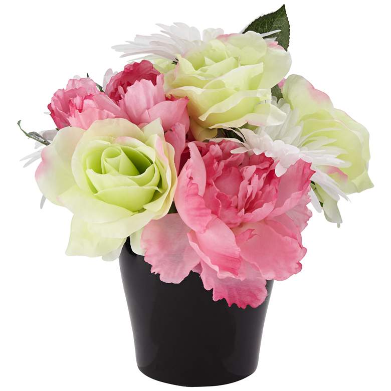 Pink Peonie and Green Rose 10 1/2&quot; High Faux Flowers in Pot more views