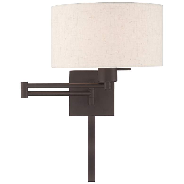 Image 2 Bronze Swing Arm Wall Lamp with Oatmeal Fabric Drum Shade more views