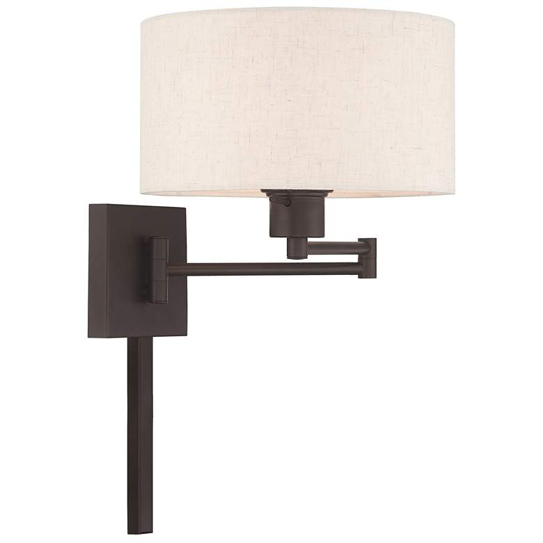 Image 3 Bronze Swing Arm Wall Lamp with Oatmeal Fabric Drum Shade more views
