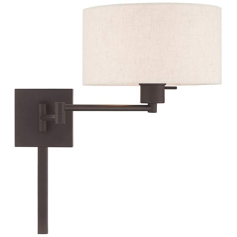 Image 4 Bronze Swing Arm Wall Lamp with Oatmeal Fabric Drum Shade more views