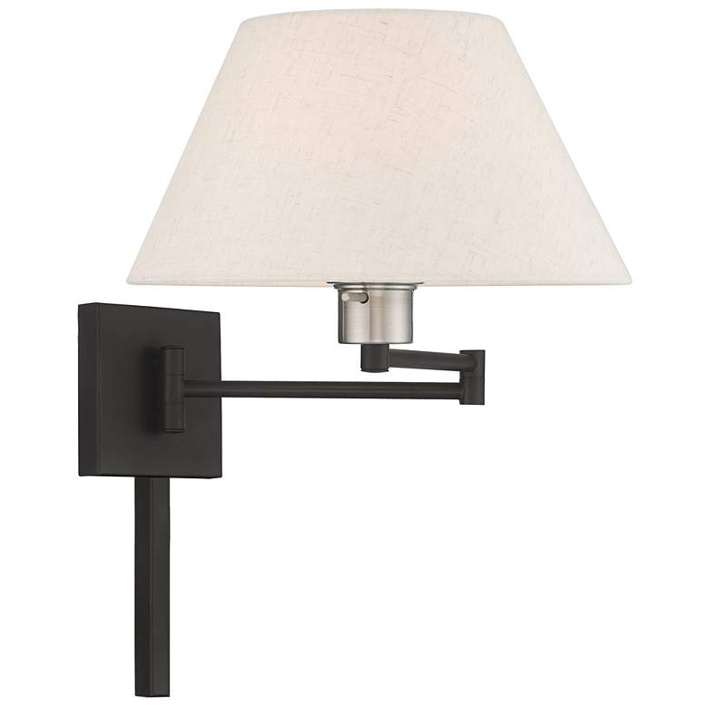 Image 4 Black Swing Arm Wall Lamp with Oatmeal Fabric Empire Shade more views