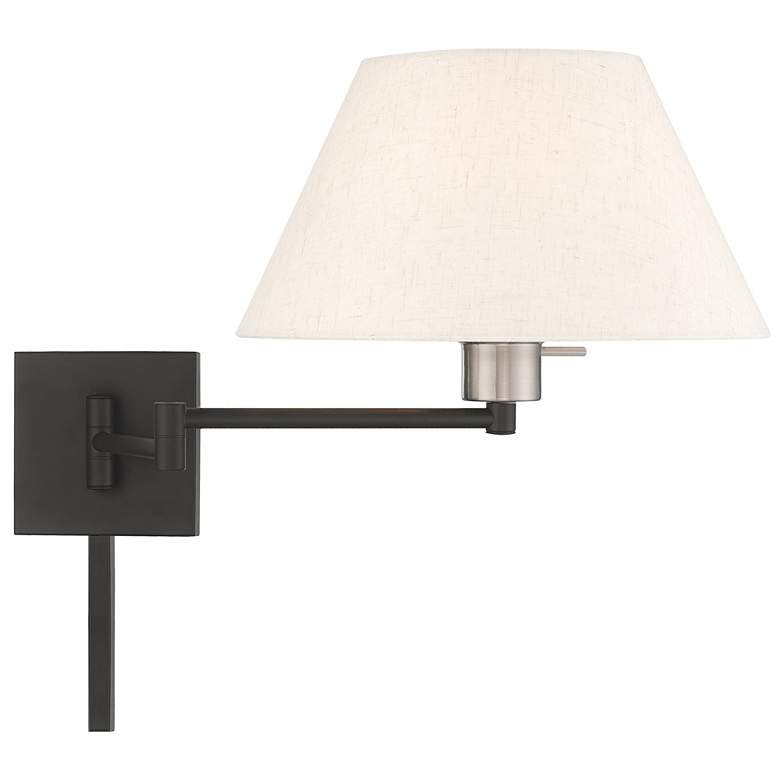Image 5 Black Swing Arm Wall Lamp with Oatmeal Fabric Empire Shade more views