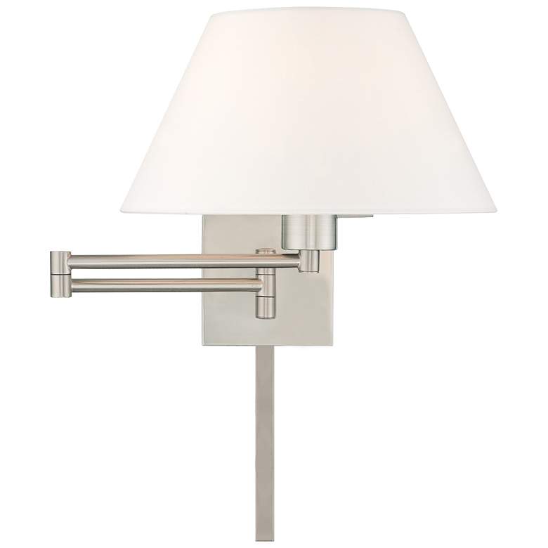 Image 3 Brushed Nickel Swing Arm Wall Lamp w/ Off-White Empire Shade more views