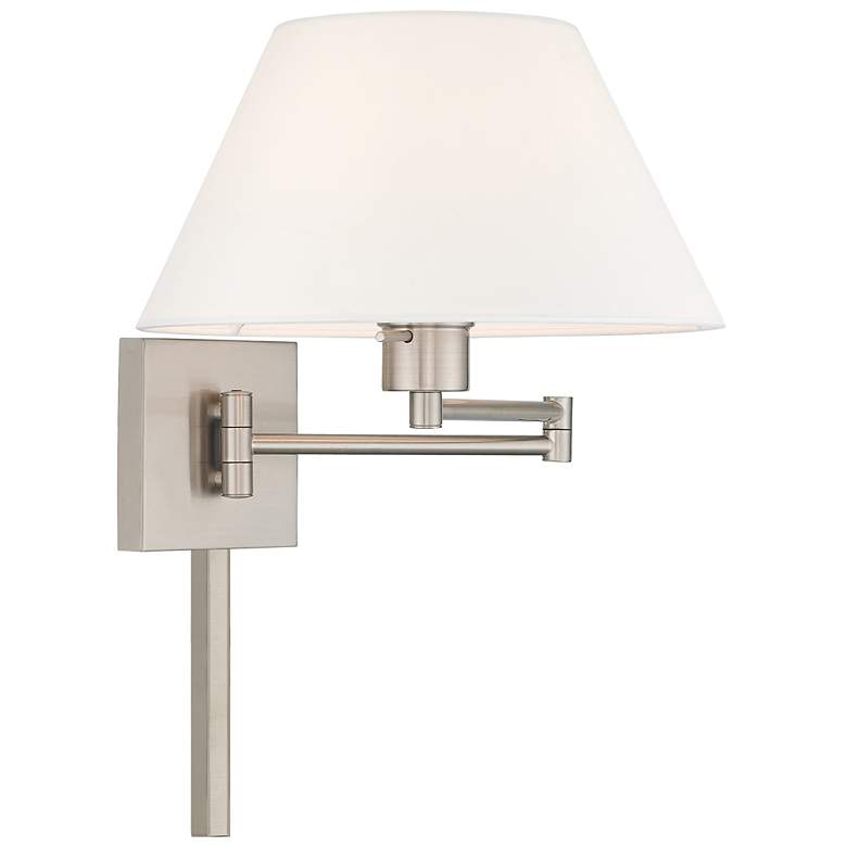 Image 4 Brushed Nickel Swing Arm Wall Lamp w/ Off-White Empire Shade more views