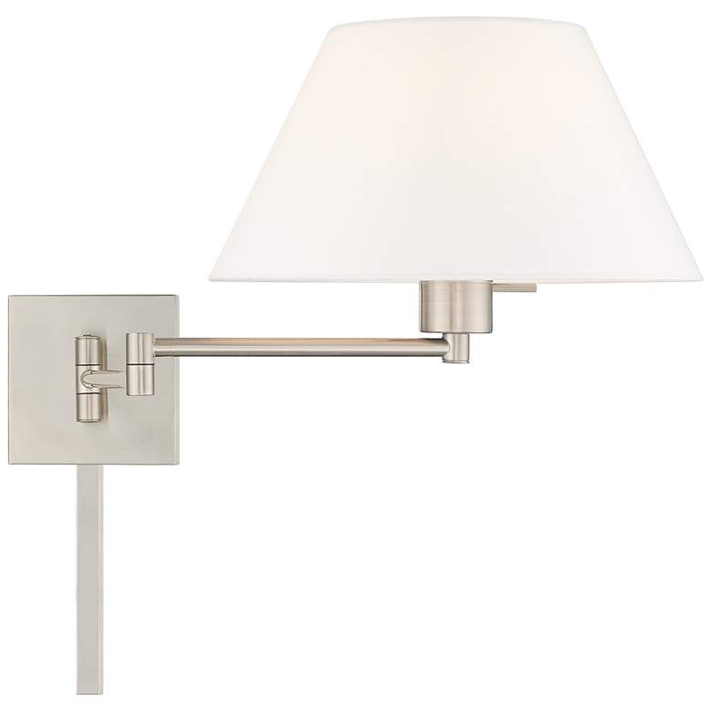 Image 5 Brushed Nickel Swing Arm Wall Lamp w/ Off-White Empire Shade more views