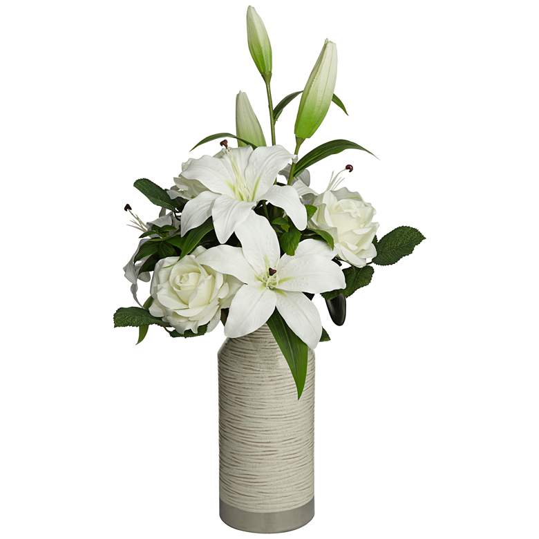 White Rose and Lily 24&quot; High Faux Flowers in Vase more views