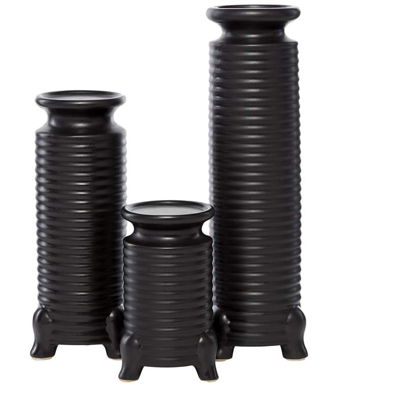 Ribbed Black Ceramic Cylinder Pillar Candle Holders Set of 3 more views