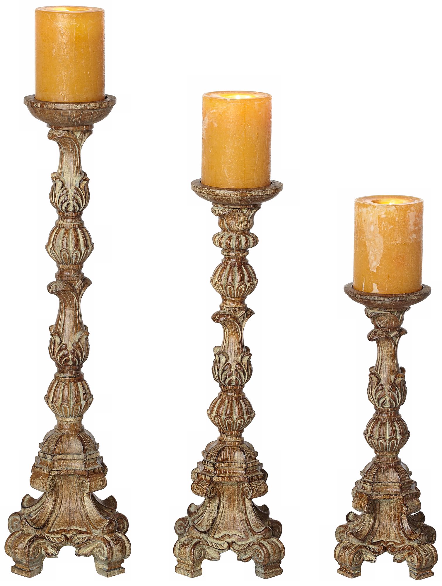 Exotic Carved Pillar Candle Holders - Set Of 3 - #U2744 | Lamps Plus