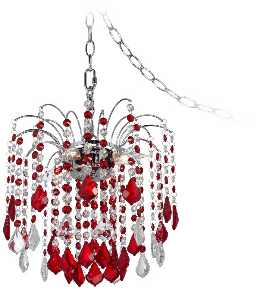 New 12"w Red Clear Prismatic Crystals Chrome Frame Swag Chandelier Dual Mount