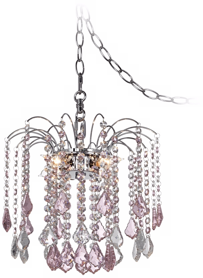New 12"w Pink Reflecting Crystals Chrome Frame Swag Chandelier Plug in Hardwire